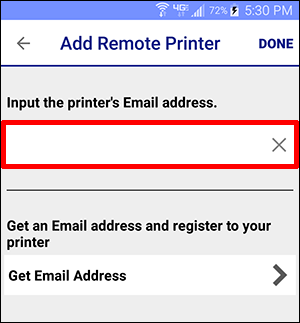 Add remote printer window with empty field for printer's email address