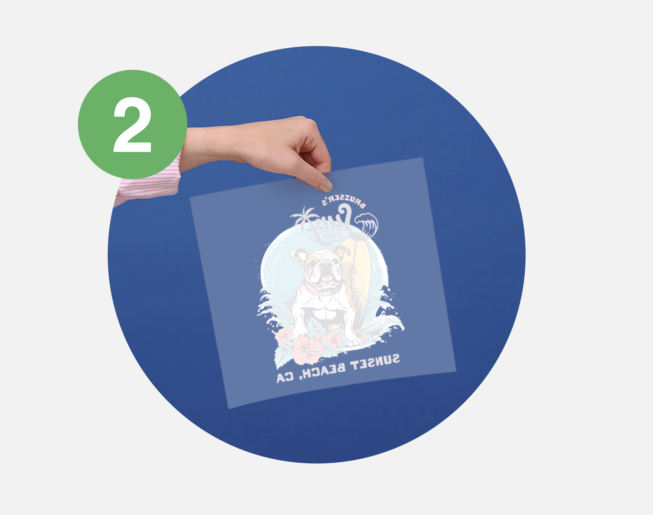 DTFilm sheet printed with reversed surfing dog mascot illustration.