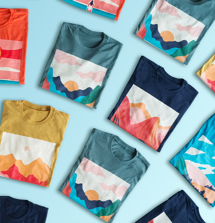 Colorful printed t-shirts arranged in circle