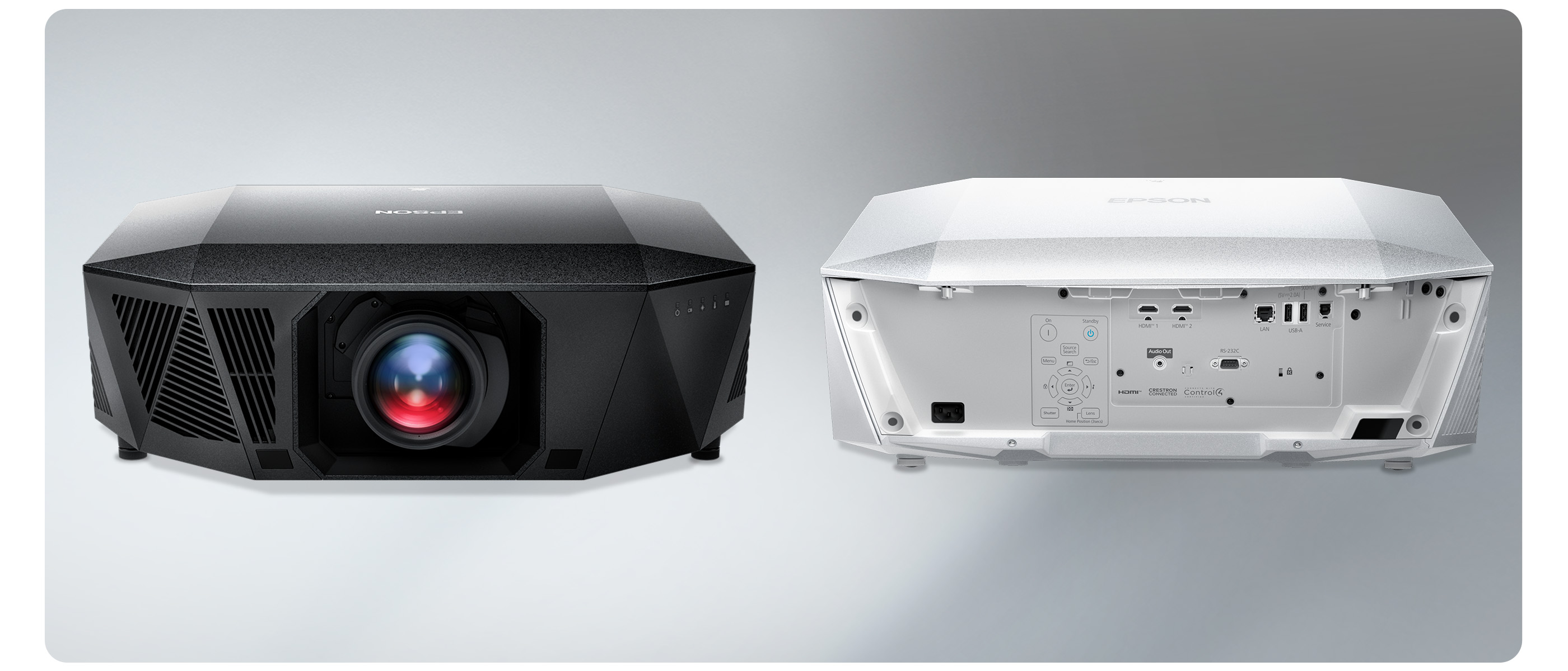 A front and back shot of an Epson QL-Series Projector