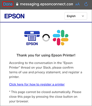 slack printing registration window with Done button selected