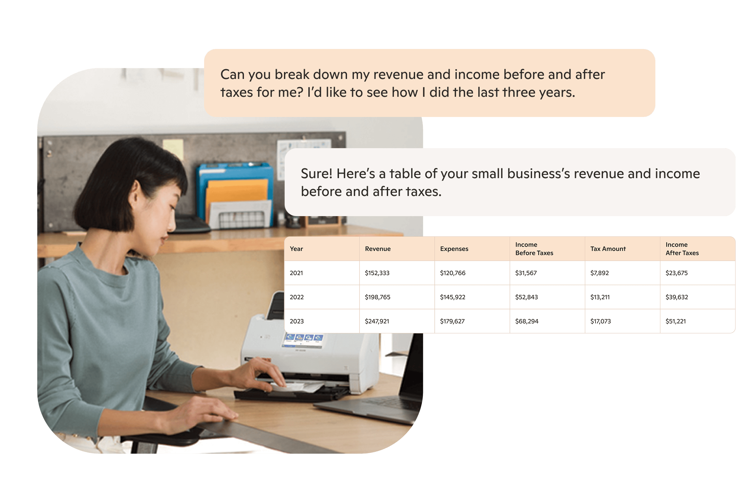 computer screen displays simulated dialog with AI assistant