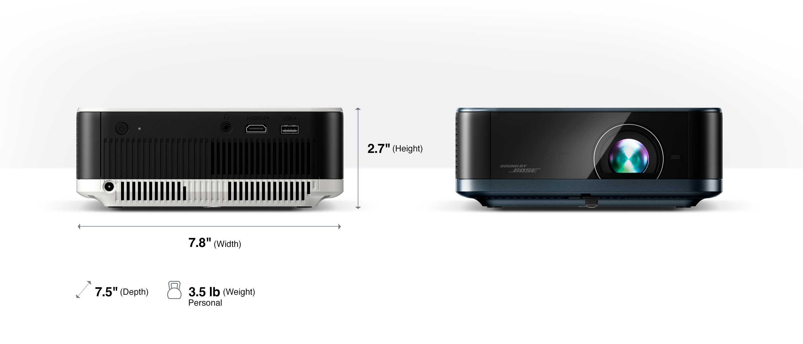 Front and back view of Lifestudio Flex | 7.8" Width | 7.5" Depth | 2.7" Height | 3.5lb Personal Weight
