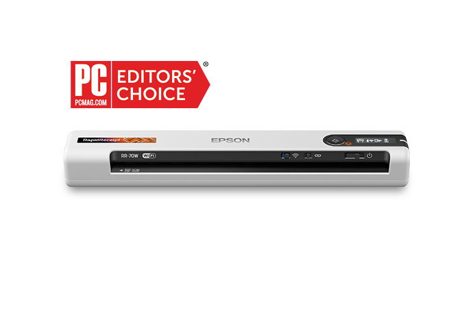 RapidReceipt mobile scanner with PC Mag Editors Choice award logo