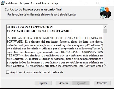 ventana de Contrato de licencia para el usuario final de Epson Connect