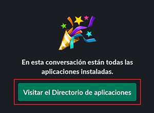 ventana negra de slack printing con cabeza de robot y botón visitar el directorio de aplicaciones seleccionado