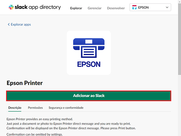 Janela do slack com ícone da epson e o botão adicionar ao slack selecionado