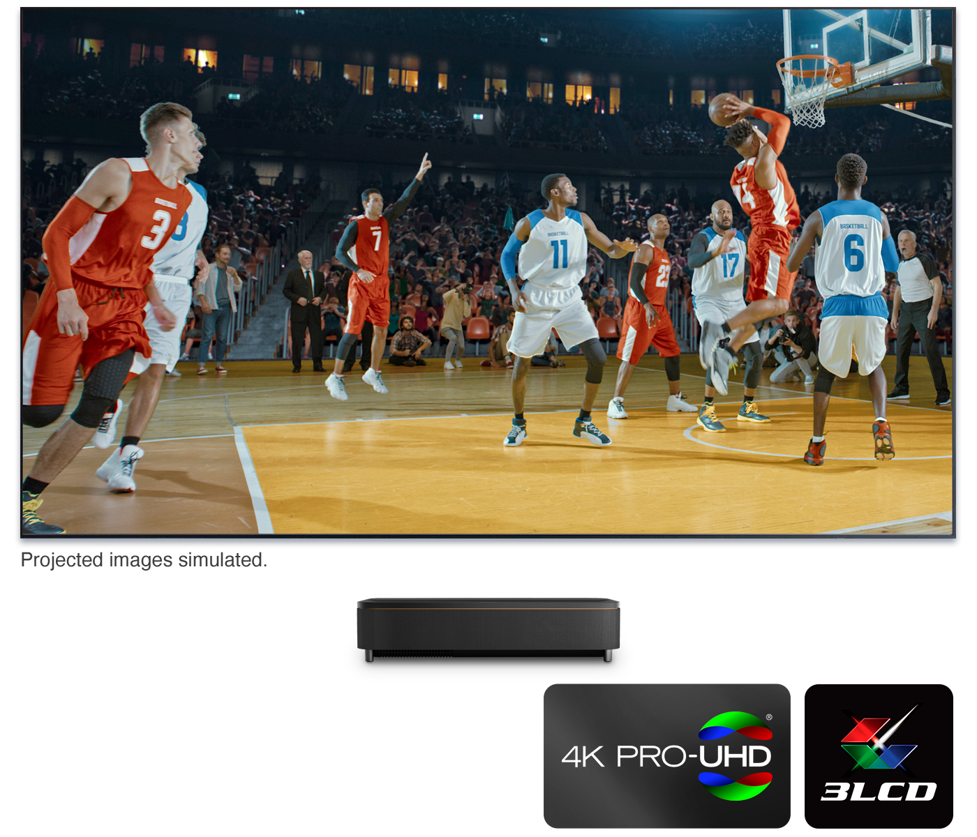 QS100 projector next to a screen with a projected image of basketball
