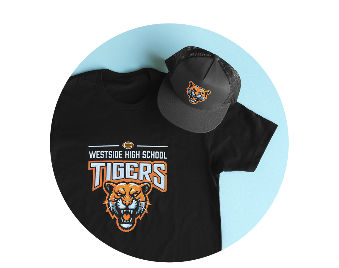 Printed baseball cap and t-shirt with tiger sports mascot logo