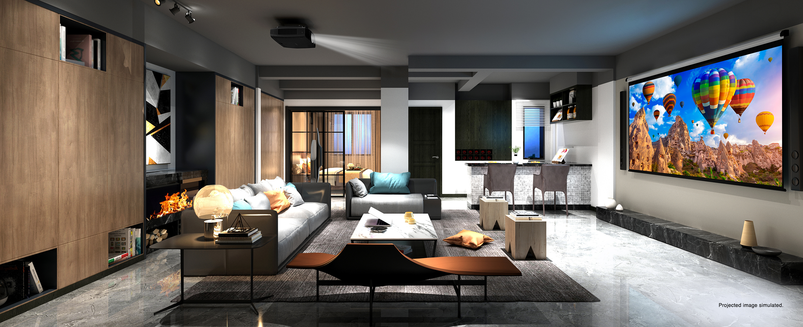 A brightly lit room with a stunning projected display. Projected images simulated.
