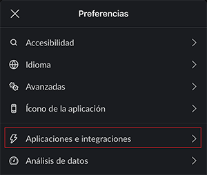 menú de slack printing con opción Aplicaciones e integraciones seleccionada