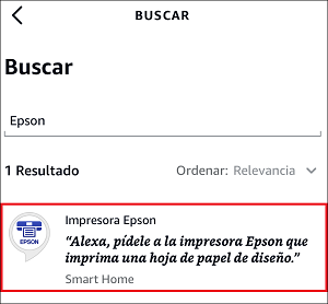 ventana de búsqueda de Alexa Skills con la opción Impresora Epson seleccionada