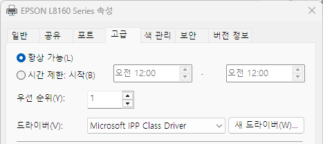 프린터 속성 고급 탭 드라이버 항목 예시 - 문제 상태