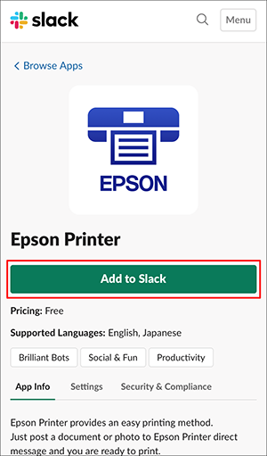 slack printing window with add to slack button selected