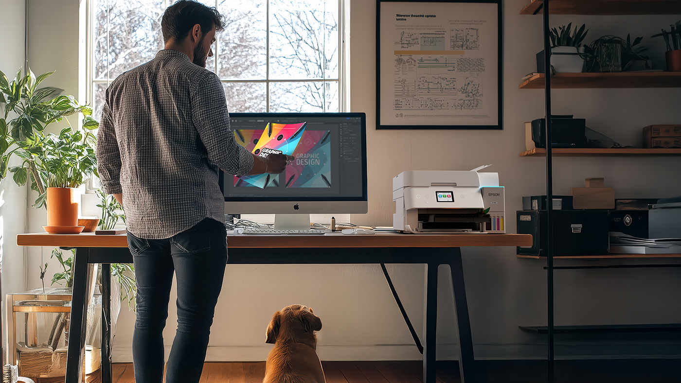 Man looking at a graphic print out in a home office, next to an EcoTank printer.