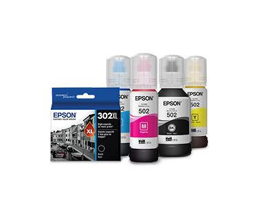 Front facing ink cartridge package to the left of cyan, magenta, black, and yellow ink bottles. 