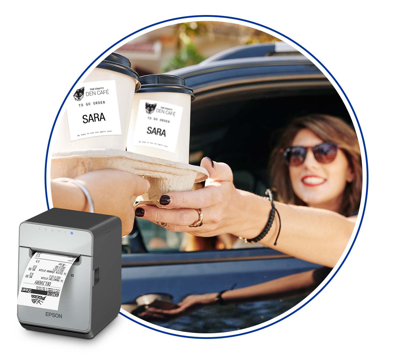 Customer picking up a labeled curbside order; Epson OmniLink TM-L100 Label Printer shown
