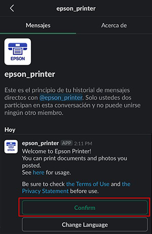 ventana negra de invitación de slack printing con el botón confirm seleccionado