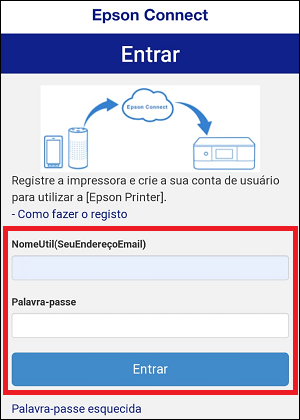 Janela de login do Epson Connect com nome de usuário e senha selecionados