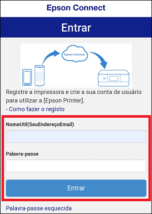 Janela de login do Epson Connect