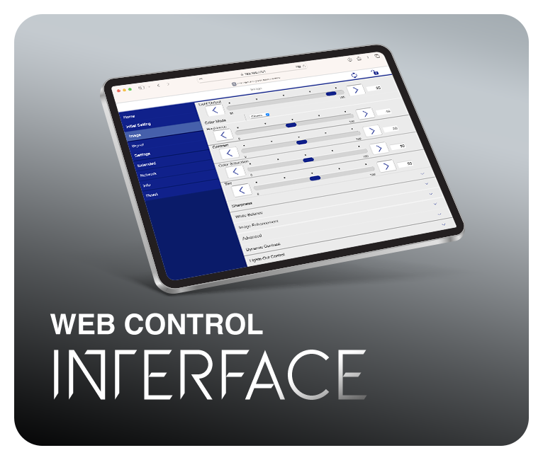 A tablet showing a projector web interface with the caption "web control interface"