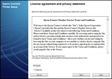 Epson Connect Printer Setup License agreemtn and privacy statement window