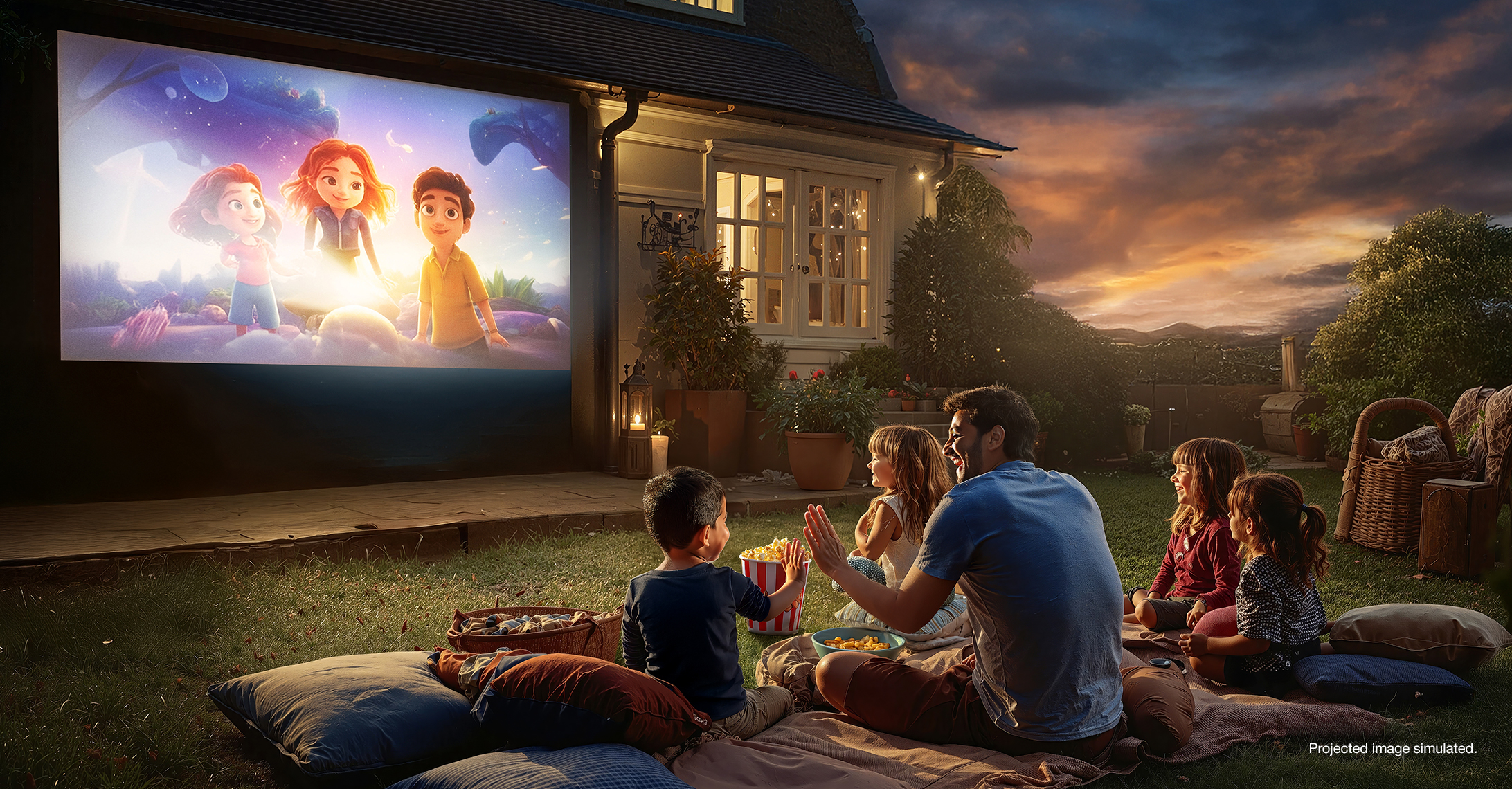 Family watching a projected  kid's movie in the backyard.