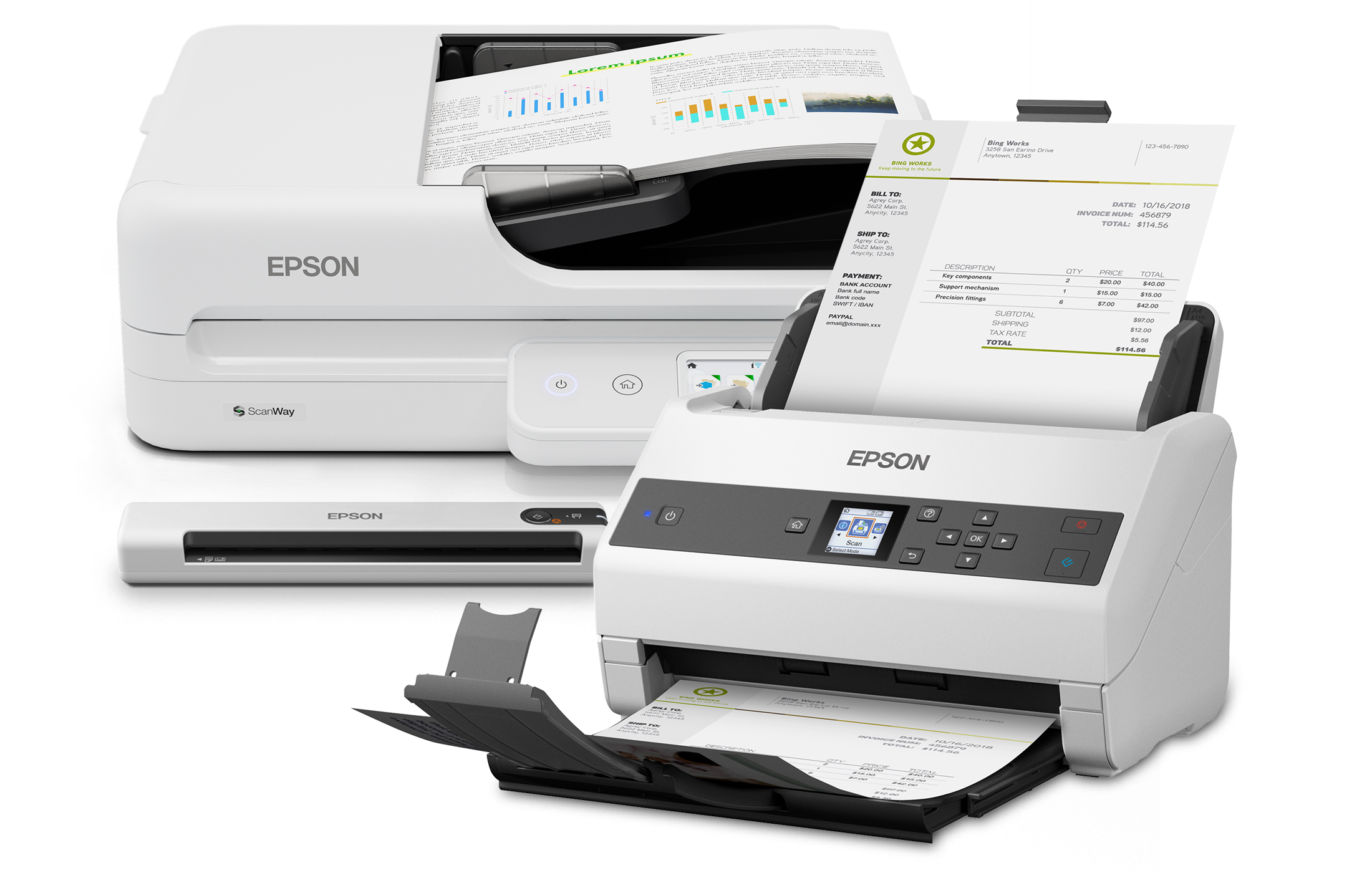 The Epson DS-1760WN, DS-870, and DS-70 scanners.
