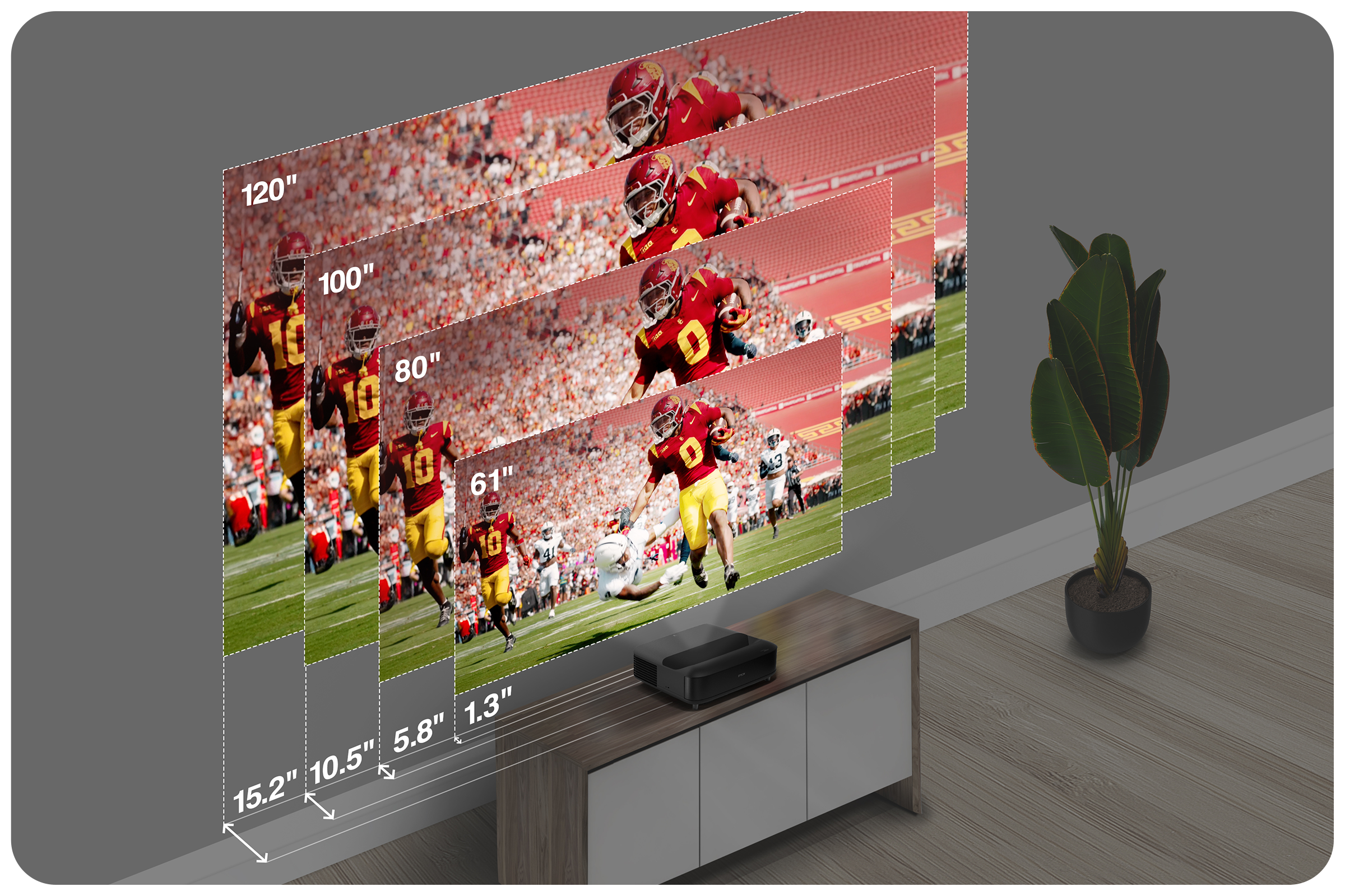 A projected display and infographic demonstrating the 120, 100, 80, and 61 inch scaling options for Lifestudio projected output
