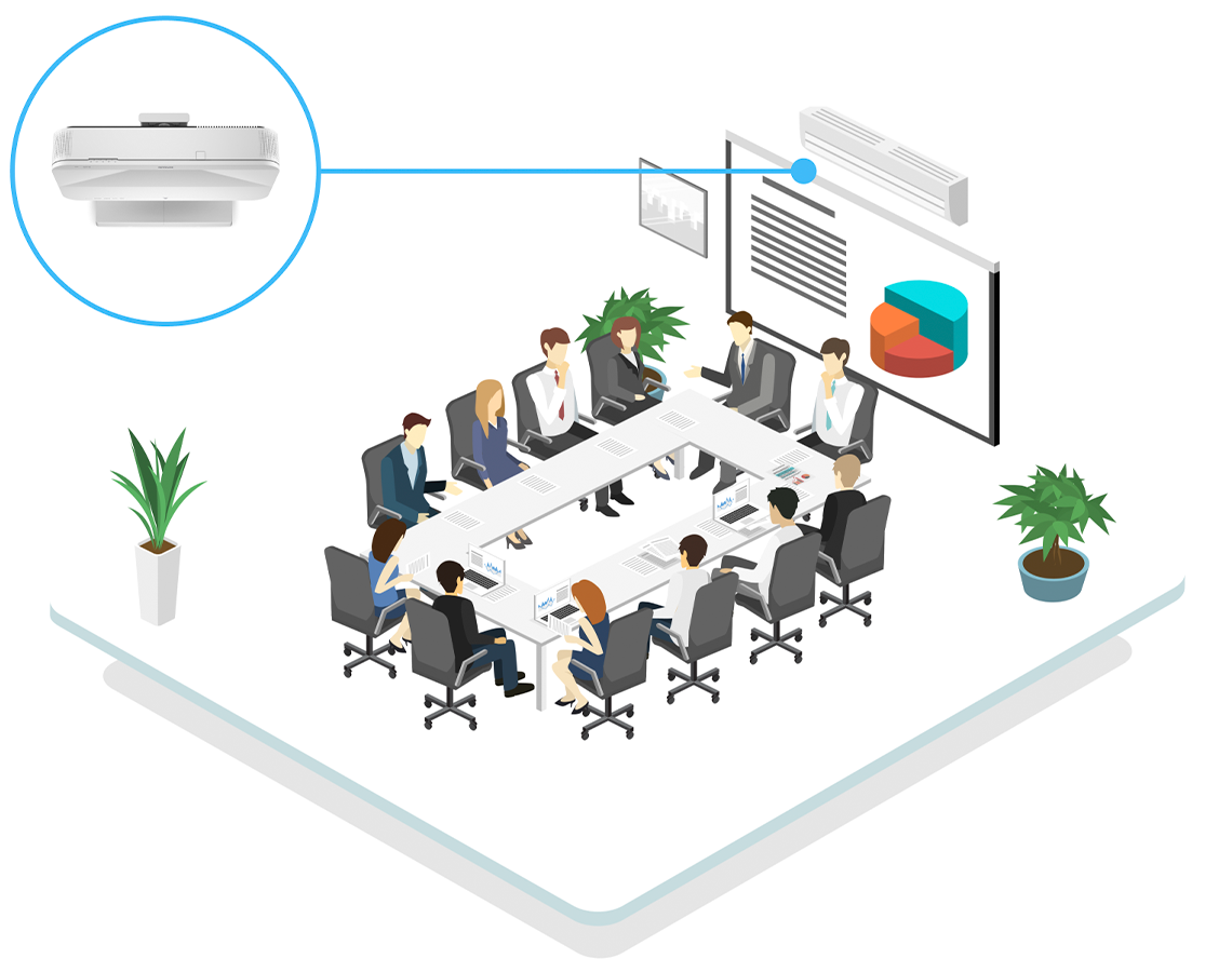 Large meeting room with professionals using Epson projector
