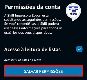 Janela de permissões do Alexa skill com o botão Salvar Permissões selecionado