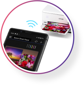 A mobile device wirelessly prints to an Epson EcoTank Photo Printer