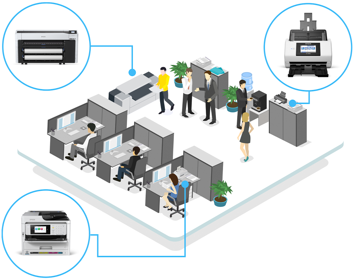 Office space with cubicles and various Epson printers
