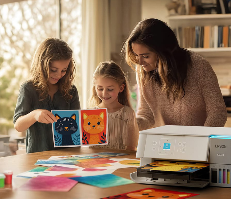 Mother and daughters looking at their printed activities