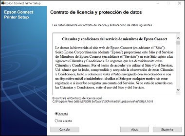 ventana de Contrato de licencia y protección de datos de Epson Connect
