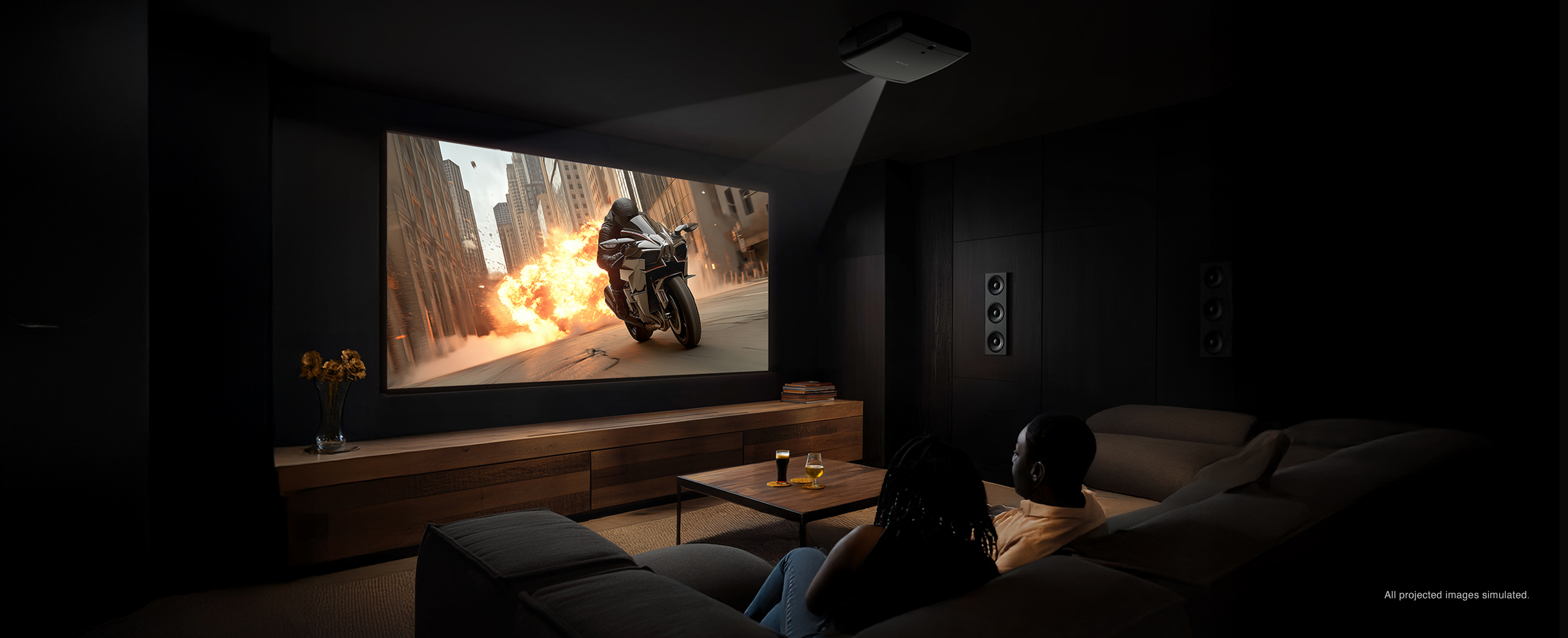 An exciting action movie is projected in a dark living room. Projected images simulated.
