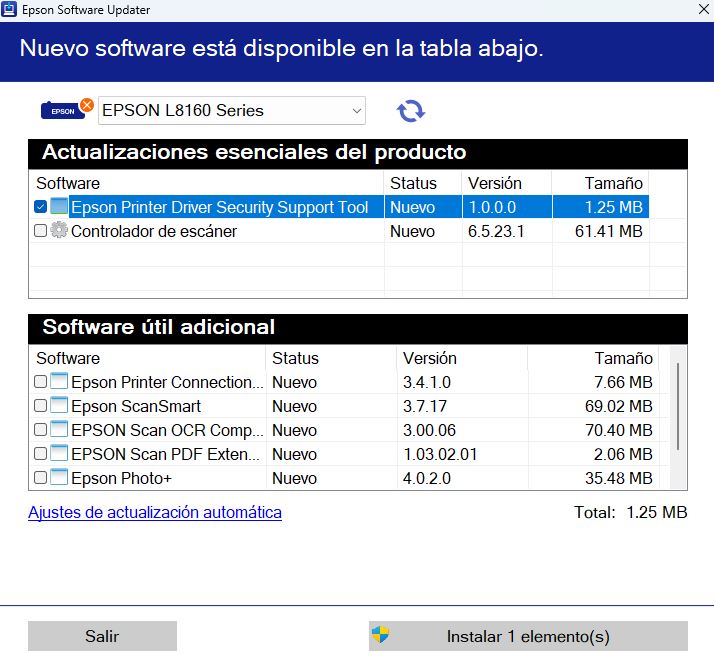 captura de pantalla de la ventana de Epson Software Updater que muestra Epson Printer Driver Security Support Tool seleccionada para descargar