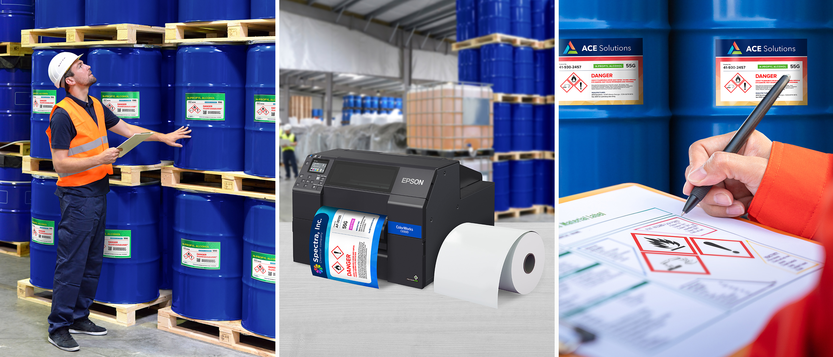 A warehouse employee inspecting labels on chemical barrels, an Epson ColorWorks CW-6500 printing a GHS label, and a worker comparing a chemical barrel label to their regulation guidelines sheet.