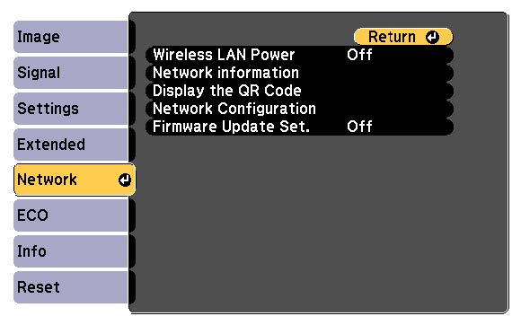 Projector settings menu with the 'Network' section selected. Options displayed on the right include: Wireless LAN Power (Off), Network Information, Display the QR Code, Network Configuration, and Firmware Update Set. (Off). Navigation buttons appear on the left with sections like Image, Signal, Settings, Extended, Network, ECO, Info, and Reset.