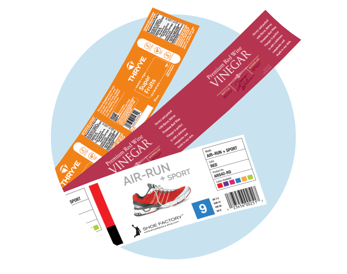 A shoebox label, red wine vinegar label and vitamin supplement label arranged together.