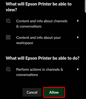 black slack printing window with allow button selected