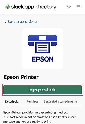 ventana de slack printing con el botón agregar a slack seleccionado