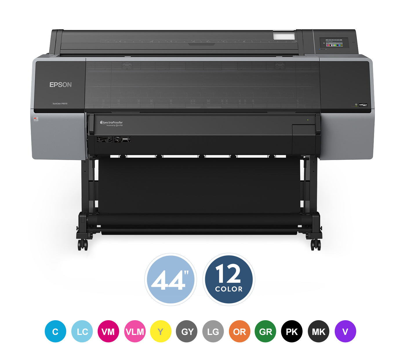 SureColor P9570 44-inch Wide-Format Inkjet Printer, 12 color. C, LC, VM, VLM, Y, GY, LG, OR, GR, PK, MK, V.