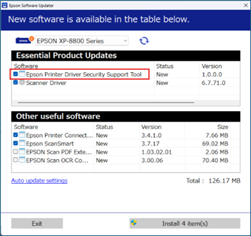 screenshot of Epson Software Updater window showing Epson Printer Driver Secturity Support Tool selected to download