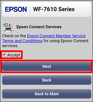 Epson connect services window with Accept box checked and Next button selected