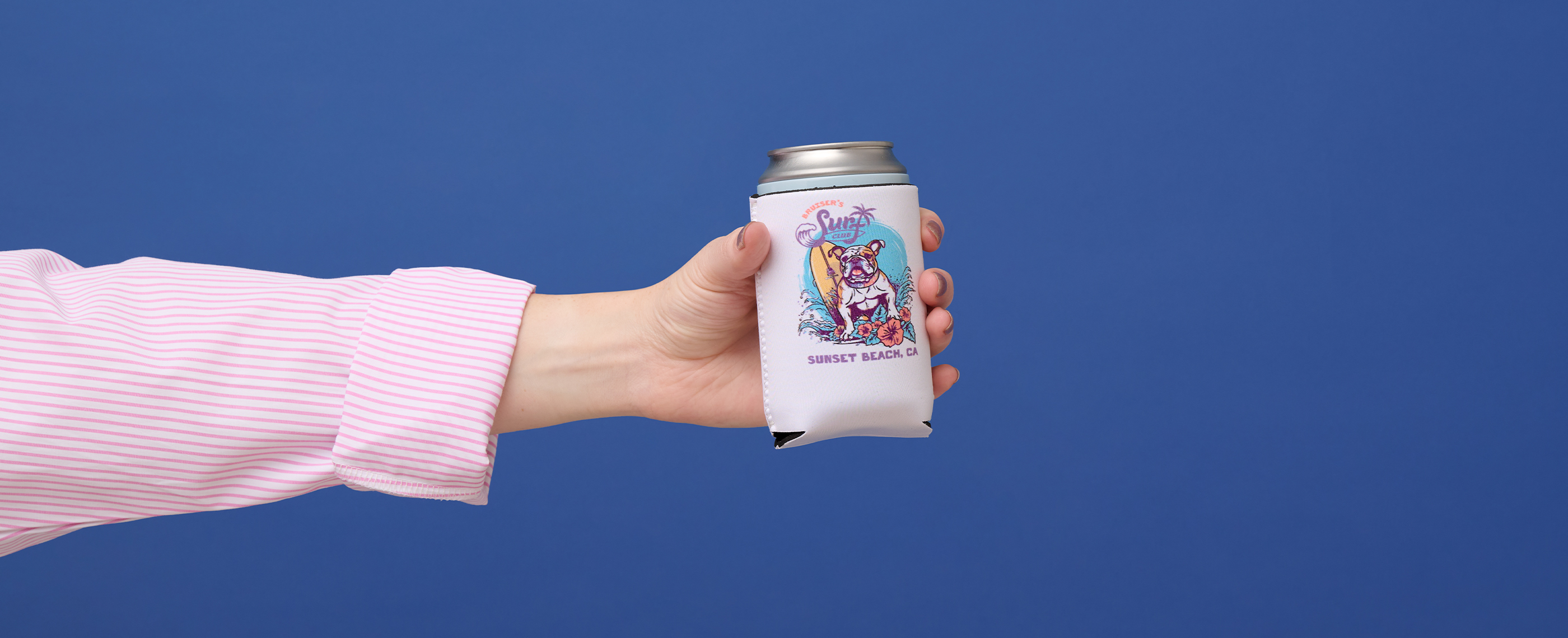 Drink can koozie with surf dog mascot design.