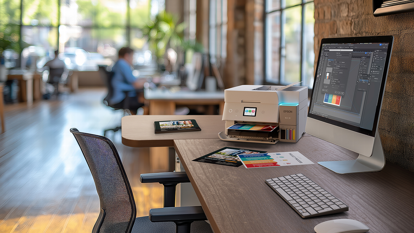an EcoTank printer on a desk in an upscale open office.