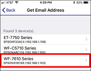 Get Email Address window with WF-7610 Series printer selected