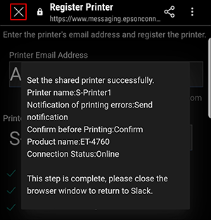ventana negra register printer con mensaje de confirmación
