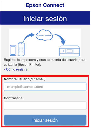 ventana de inicio de sesión de Epson Connect con Nombre de usuario y Contraseña seleccionados